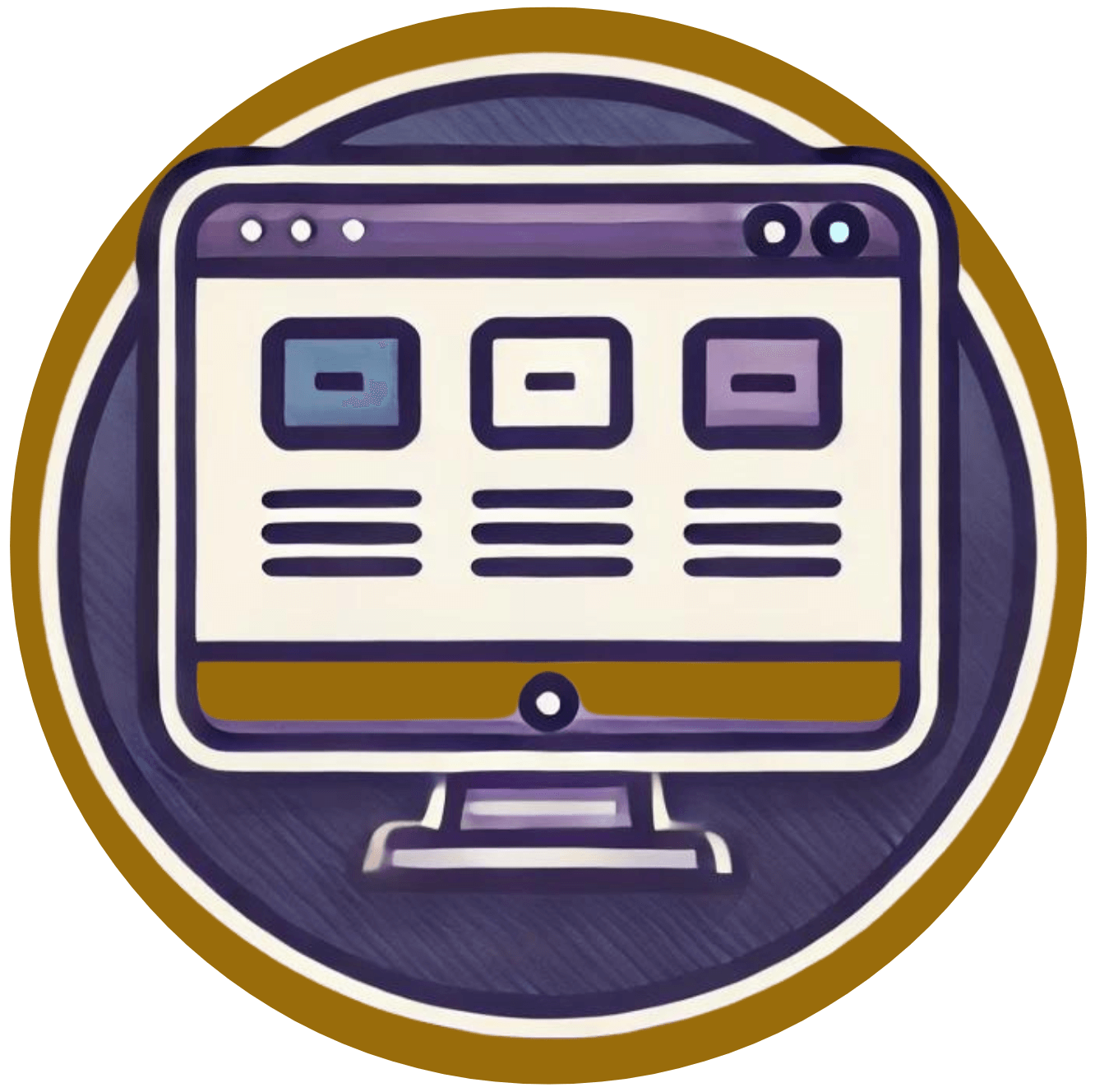 Circular branded icon of a computer screen displaying 3 packages to choose from.